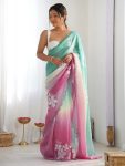 FANCY GOLD CRUSH EMBROIDERY WORK SAREE WITH UNSTITCHED BLOUSE PINK + RAMA