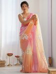 FANCY GOLD CRUSH EMBROIDERY WORK SAREE WITH UNSTITCHED BLOUSE ORANGE + PINK