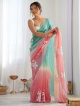 FANCY GOLD CRUSH EMBROIDERY WORK SAREE WITH UNSTITCHED BLOUSE RAMA + PINK