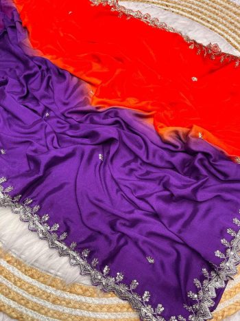 FANCY HAND DYEING CHINON EMBROIDERY SEQUENCE AND JARI WORK AND BORDER ARCA WORK SAREE WITH UNSTITCHED BLOUSE RED