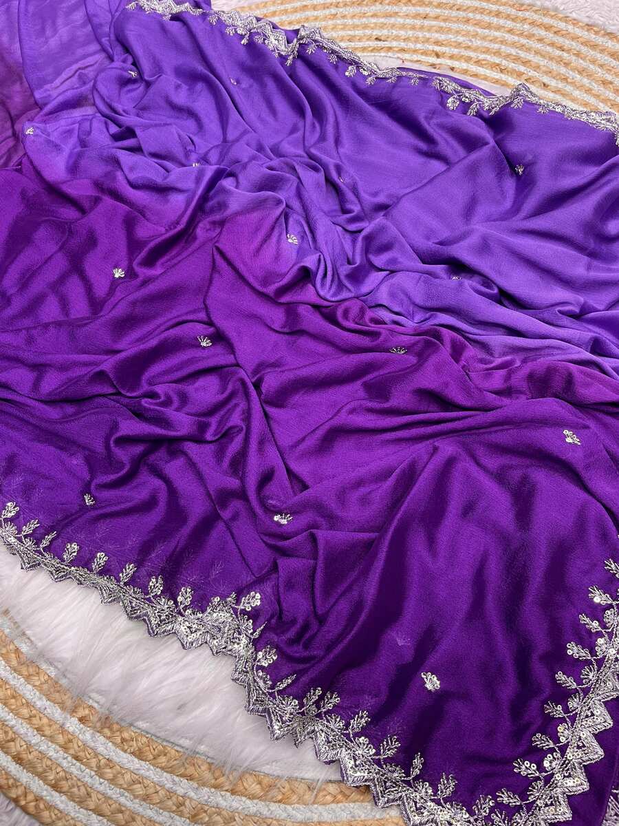 FANCY HAND DYEING CHINON EMBROIDERY SEQUENCE AND JARI WORK AND BORDER ARCA WORK SAREE WITH UNSTITCHED BLOUSE FESTIVE WEAR WHOLESALE PRICE ETHNIC GARMENT (25)