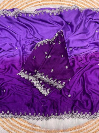 FANCY HAND DYEING CHINON EMBROIDERY SEQUENCE AND JARI WORK AND BORDER ARCA WORK SAREE WITH UNSTITCHED BLOUSE PURPLE