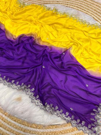 FANCY HAND DYEING CHINON EMBROIDERY SEQUENCE AND JARI WORK AND BORDER ARCA WORK SAREE WITH UNSTITCHED BLOUSE YELLOW