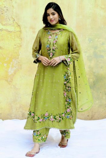 FANCY  HEAVY FAUX GEORGETTA  EMBROIDERY SEQUENCE WORK TOP PALAZZO WITH DUPATTA PARROT GREEN
