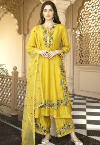 FANCY  HEAVY FAUX GEORGETTA  EMBROIDERY SEQUENCE WORK TOP PALAZZO WITH DUPATTA YELLOW
