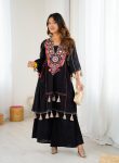 FANCY KHADI COTTON EMBROIDERY SEQUENCE WORK WITH REAL MIRROR WORK KURTI PALAZZO SET BLACK