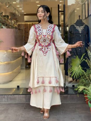 FANCY KHADI COTTON EMBROIDERY SEQUENCE WORK WITH REAL MIRROR WORK KURTI PALAZZO SET WHITE