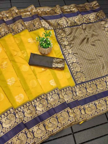 FANCY LICHI SILK JACQUARD WORK  SAREE WITH UNSTITCHED BLOUSE YELLOW