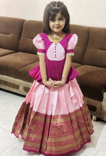 FANCY LICHI SILK ZARI  WEAVING WORK KID'S TOP LEHENGA PINK