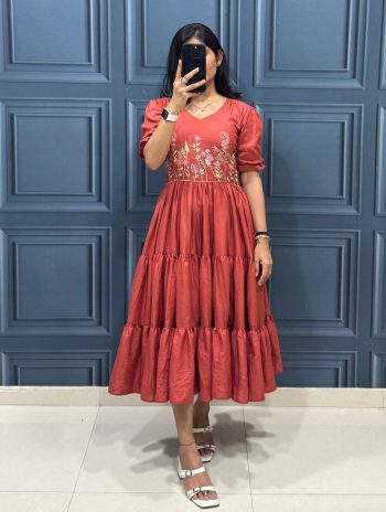 FANCY MAL COTTON EMBROIDERY WORK 3 LAYER PATTER STITCH ONE PIECE ORANGE