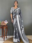 FANCY MOSS SILK PRINT WORK READY TO WEAR SAREE WITH UNSTITCHED BLOUSE BLACK
