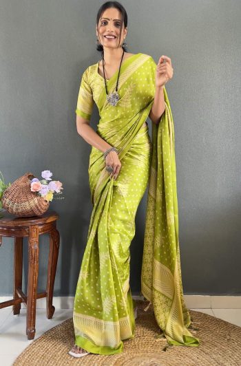 FANCY MOSS SILK PRINT WORK READY TO WEAR SAREE WITH UNSTITCHED BLOUSE LEMON