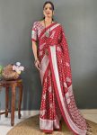 FANCY MOSS SILK PRINT WORK READY TO WEAR SAREE WITH UNSTITCHED BLOUSE RED