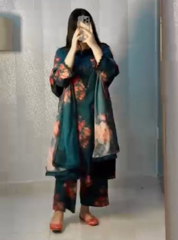 FANCY NATURAL CREPE DIGITAL PRINT WORK AND EMBROIDERY WORK TOP PALAZZO WITH DUPATTA TEAL