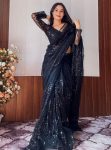 FANCY NET SEQUENCE AND THREAD WORK WITH JHALAR BORDER WORK READY TO WEAR SAREE WITH UNSTITCHED BLOUSE BLACK