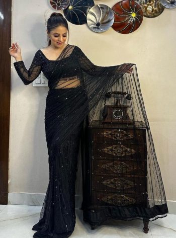 FANCY NET SEQUENCE WORK WITH FANCY LACE WORK SAREE WITH UNSTITCHED BLOUSE  BLACK