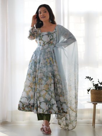 FANCY ORGANZA SILK FLORAL PRINT WORK ANARKALI GOWN BOTTOM WITH DUPATTA MEHNDI