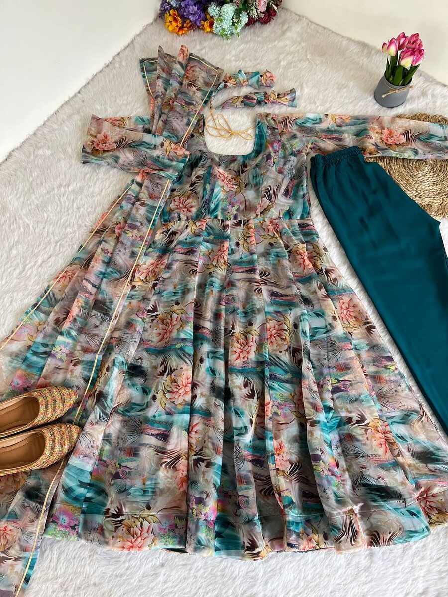 FANCY ORGANZA TABBY SILK DIGITAL PRINT WORK ANARKALI GOWN BOTTOM WITH DUPATTA FESTIVE WEAR WHOLESALE PRICE ETHNIC GARMENT (2)