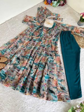 FANCY ORGANZA TABBY SILK DIGITAL PRINT WORK ANARKALI GOWN BOTTOM WITH DUPATTA MULTI
