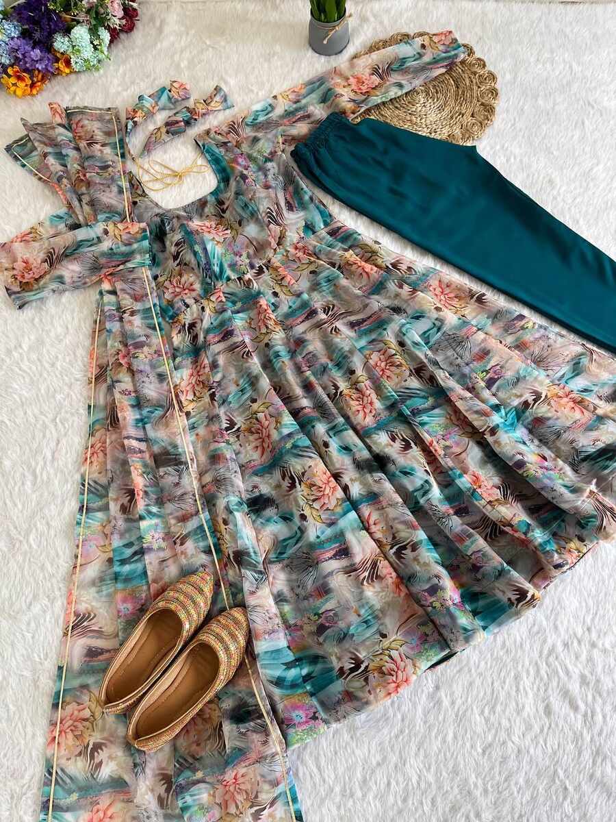 FANCY ORGANZA TABBY SILK DIGITAL PRINT WORK ANARKALI GOWN BOTTOM WITH DUPATTA FESTIVE WEAR WHOLESALE PRICE ETHNIC GARMENT (4)