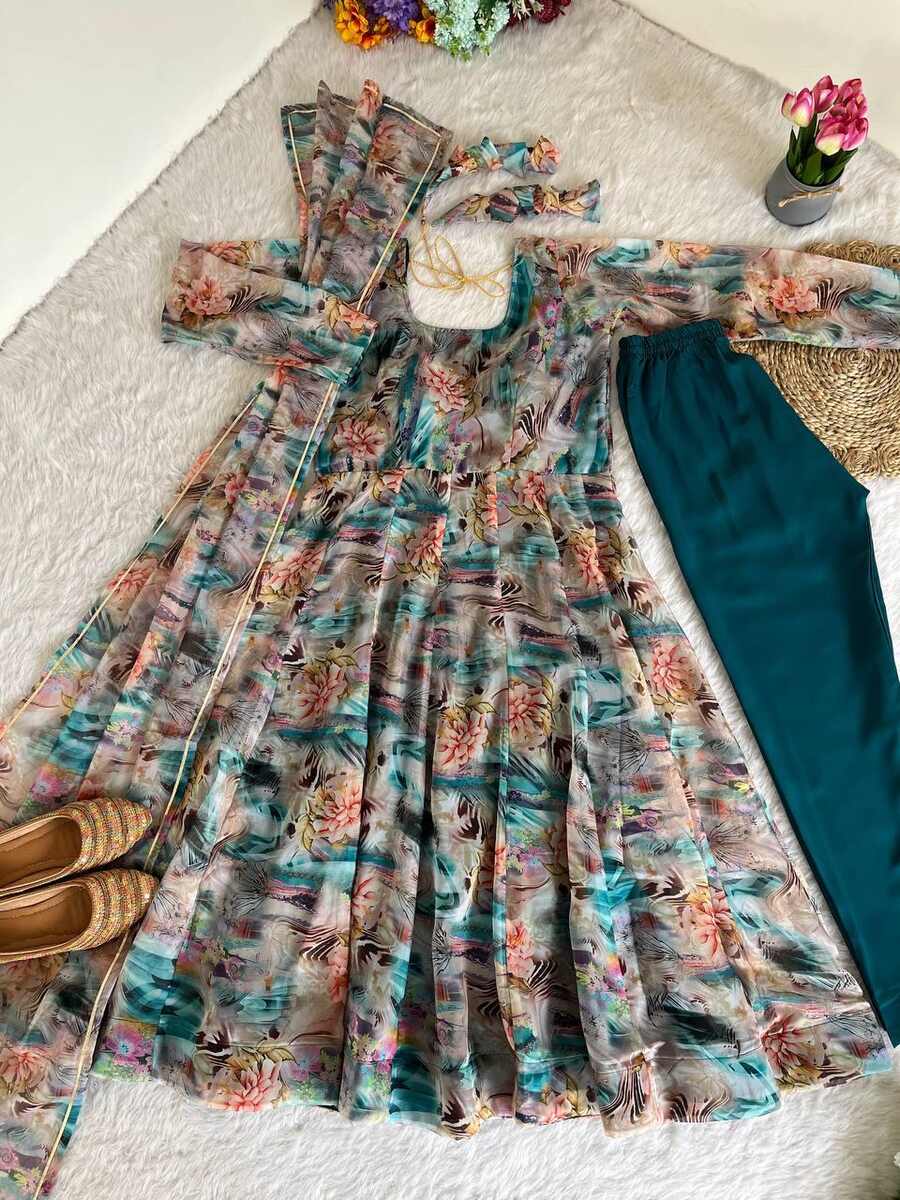 FANCY ORGANZA TABBY SILK DIGITAL PRINT WORK ANARKALI GOWN BOTTOM WITH DUPATTA FESTIVE WEAR WHOLESALE PRICE ETHNIC GARMENT (5)
