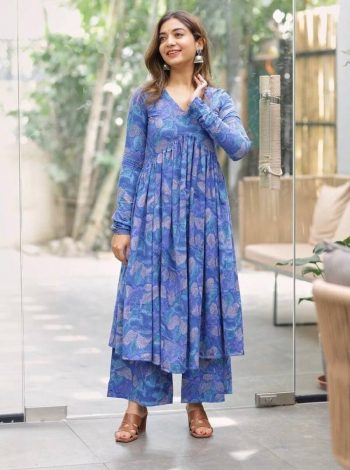 FANCY RAYON DIGITAL PRINTED ALIA CUT TOP PALAZZO SET  BLUE