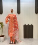 FANCY ROMAN SILK EMBROIDERY WORK AND GPO LACE WITH SOFT ORGANZA IN SLEEVES DESIGN TOP BOTTOM WITH DUPATTA CASAUL WEAR WHOLESALE PRICE ETHNIC GARMENT (5)