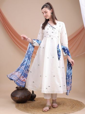 FANCY ROMAN SILK EMBROIDERY WORK TOP BOTTOM WITH DUPATTA WHITE