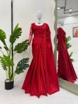 FANCY SATIN SILK THREAD WITH SEQUENCE WORK SAREE WITH UNSTITCHED BLOUSE AND WAIST BELT  RED