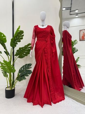 FANCY SATIN SILK THREAD WITH SEQUENCE WORK SAREE WITH UNSTITCHED BLOUSE AND WAIST BELT  RED