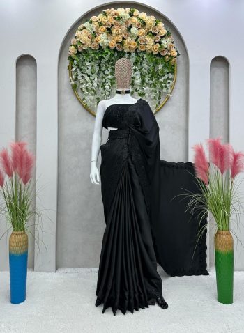 FANCY SATIN SILK THREAD WITH SEQUENCE WORK SAREE WITH UNSTITCHED BLOUSE AND WAIST BELT BLACK