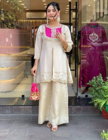 FANCY SHIMMER SILK EMBROIDERY CODING SEQUENCE WORK WITH BEADS WORK CO-ORD SET PINK