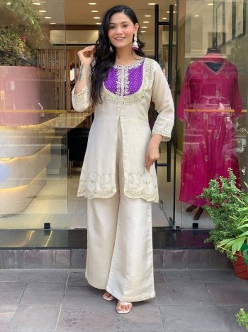 FANCY SHIMMER SILK EMBROIDERY CODING SEQUENCE WORK WITH BEADS WORK CO-ORD SET PURPLE
