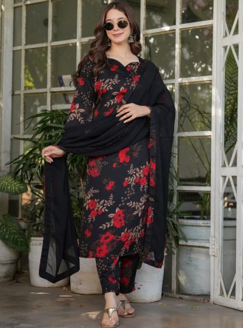 FANCY SILK BLEND PRINT WORK TOP BOTTOM WITH DUPATTA BLACK