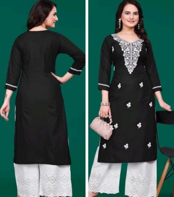 FANCY TESLA SLUB EMBROIDERY WORK KURTI BLACK