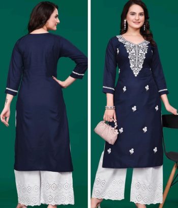 FANCY TESLA SLUB EMBROIDERY WORK KURTI NAVY BLUE