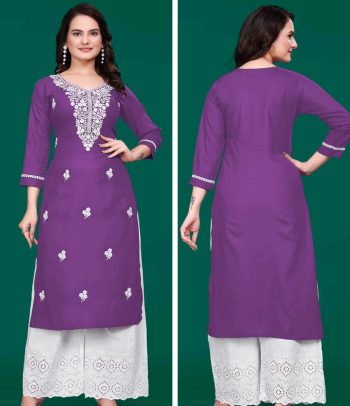 FANCY TESLA SLUB EMBROIDERY WORK KURTI PURPLE