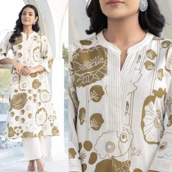 FANCY TWILL RAYON DIGITAL PRINT WORK TOP BOTTOM SET MEHNDI