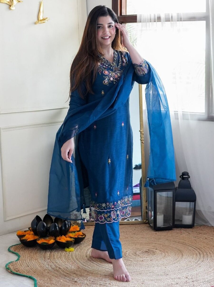 FANCY VICHITRA SILK MULTI SEQUENCE WORK TOP BOTTOM WITH DUPATTA FESTIVE WEAR WHOLESALE PRICE ETHNIC GARMENT (3)