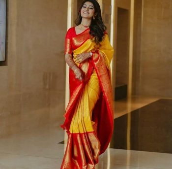 FASHINOABLE LICHI SILK JACQUARD WORK SAREE WITH UNSTITCHED BLOUSE YELLOW
