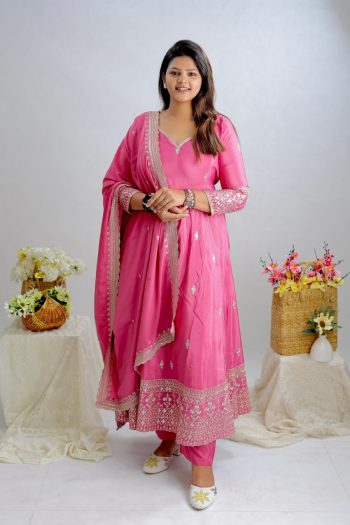 FASHINOABLE PURE NATURAL CREPE EMBRIODERY SEQUENCE WORK GOWN  BOTTOM WITH DUPATTA PINK