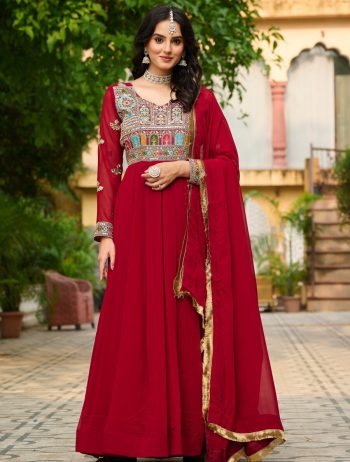FASHIONABLE BLOOMING EMBROIDERY SEQUENCES WORK GOWN WITH DUPATTA RED