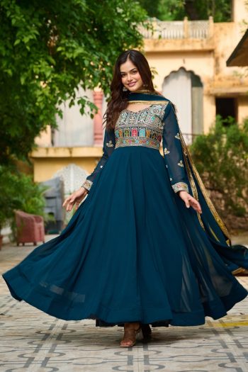 FASHIONABLE BLOOMING EMBROIDERY SEQUENCES WORK GOWN WITH DUPATTA TEAL