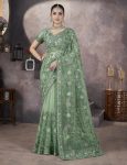 FASHIONABLE   BUTTERFLY NET AARI EMBROIDERY WORK SAREE WITH UNTITCHED BLOUSE GREEN