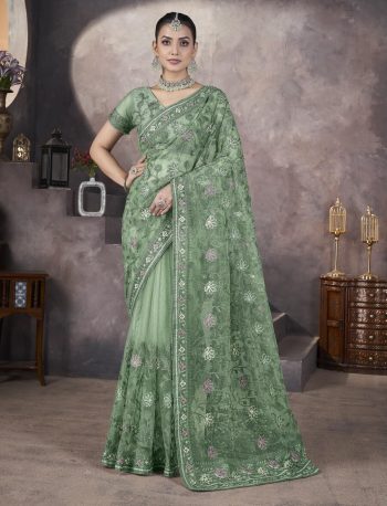 FASHIONABLE   BUTTERFLY NET AARI EMBROIDERY WORK SAREE WITH UNTITCHED BLOUSE GREEN