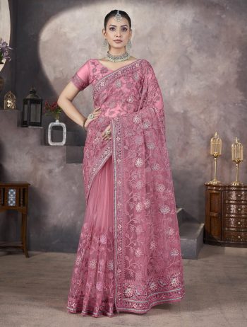FASHIONABLE   BUTTERFLY NET AARI EMBROIDERY WORK SAREE WITH UNTITCHED BLOUSE PINK