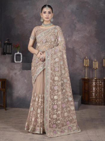 FASHIONABLE   BUTTERFLY NET AARI EMBROIDERY WORK SAREE WITH UNTITCHED BLOUSE CREAM