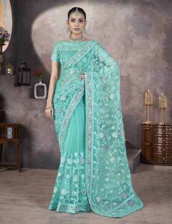 FASHIONABLE   BUTTERFLY NET AARI EMBROIDERY WORK SAREE WITH UNTITCHED BLOUSE SKY