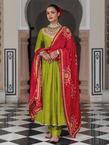 FASHIONABLE CHINON LACE ON BORDER AND LATKAN ON BACK SIDE DORI WORK GOWN BOTTOM WITH DUPATTA GREEN