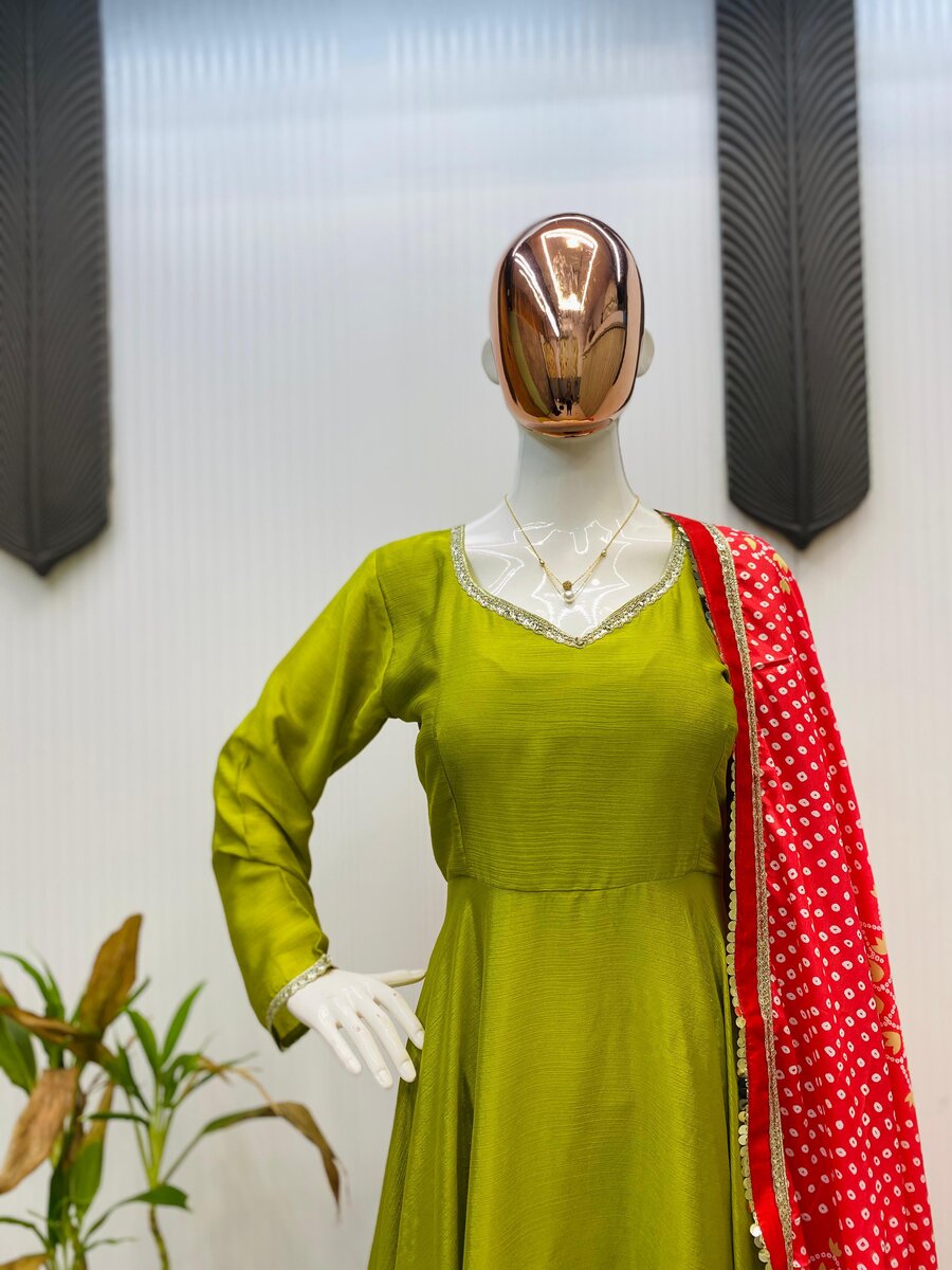 FASHIONABLE CHINON LACE ON BORDER AND LATKAN ON BACK SIDE DORI WORK GOWN BOTTOM WITH DUPATTA FESTIVE WEAR WHOLESALE PRICE ETHNIC GARMENT (4)